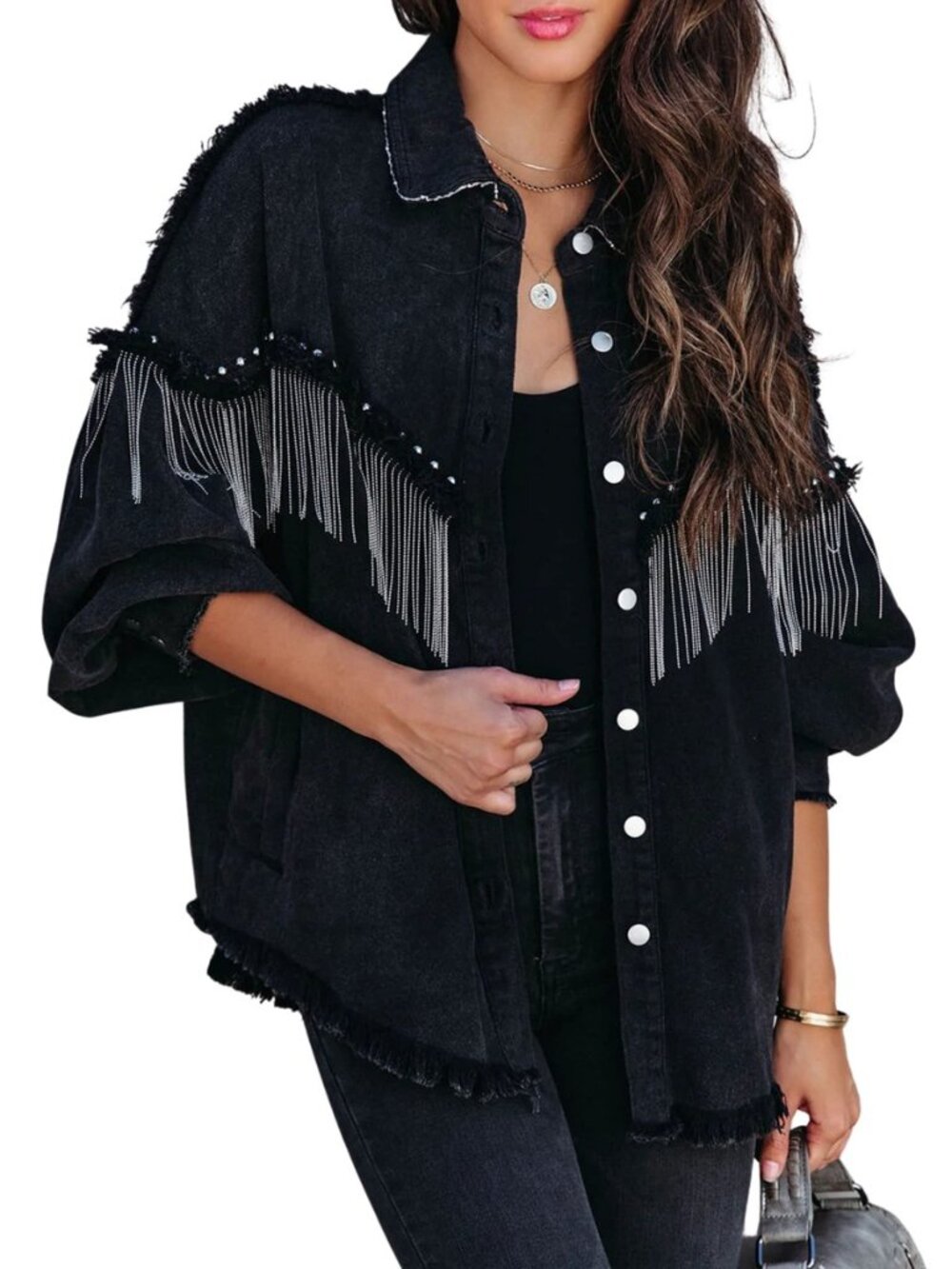 Women Oversized Fringe Denim Jacket Sparkly Tassel Western Coat